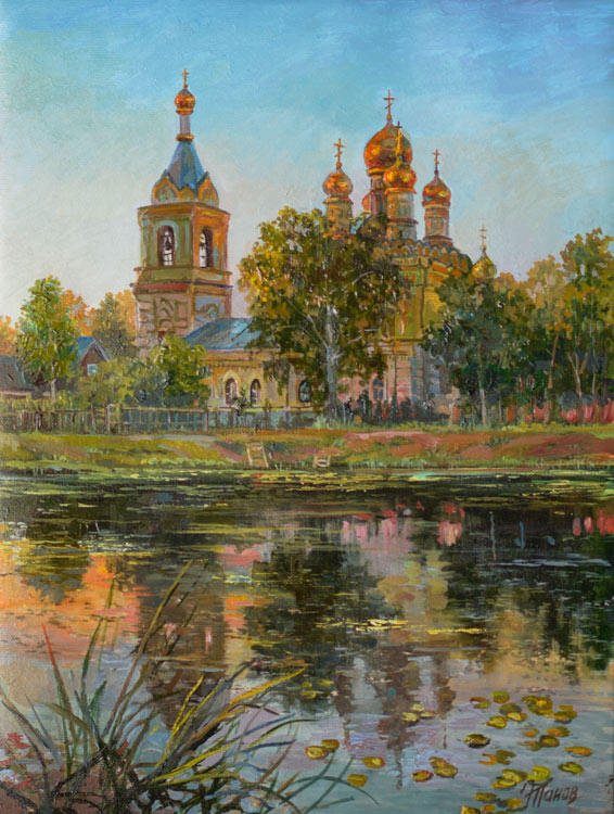 Вечерний храм у пруда